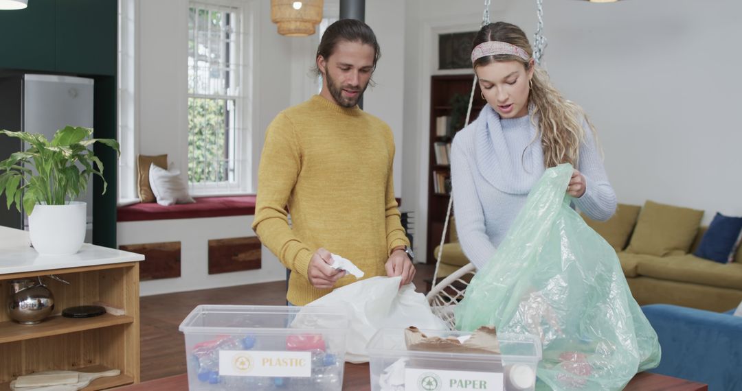 Couple Organizing Recycling Bins in Modern Home Interior - Free Images, Stock Photos and Pictures on Pikwizard.com