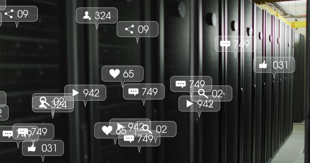 Digital Interface Icons Overlay on Data Servers in Tech Room