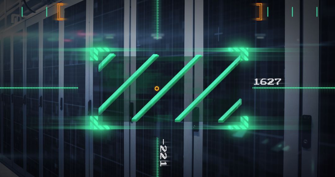 Futuristic Digital Interface Over Data Center Servers