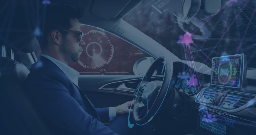 Man in Business Suit Using Self-Driving Car with Digital Interface