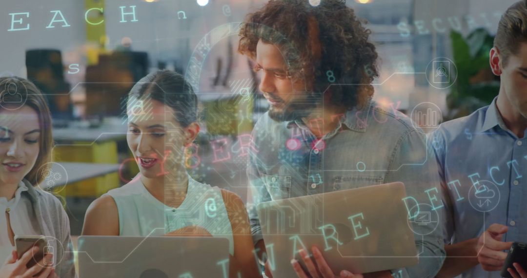 Diverse Team Collaborating on Digital Data in Modern Office