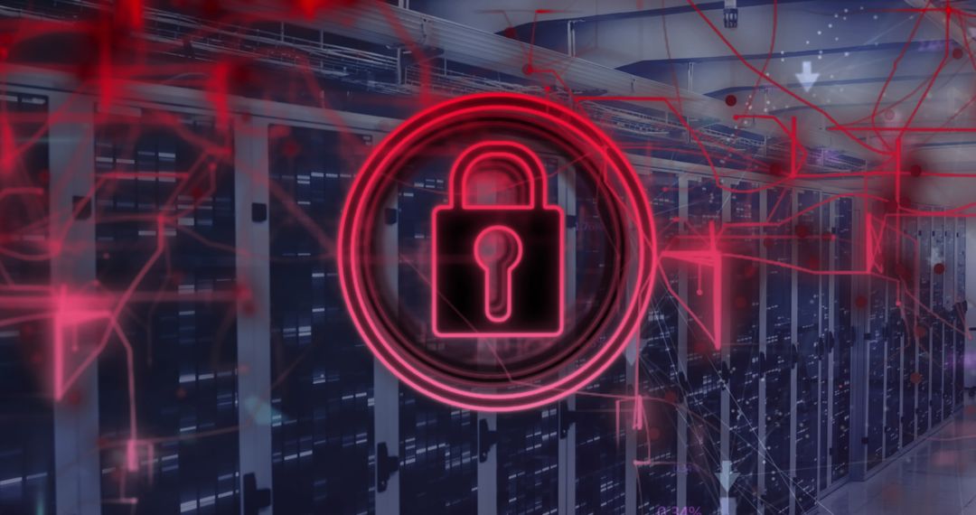 Digital Padlock Icon Overlay on Computer Servers Symbolizing Data Security