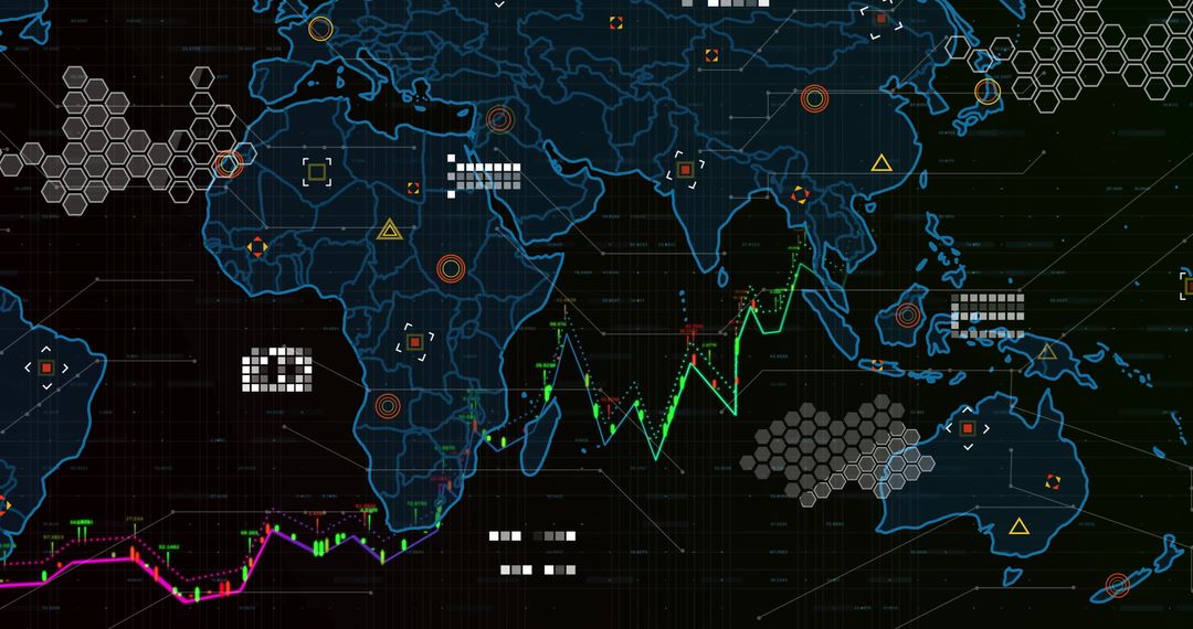 Digital World Map with Neon Data Charts