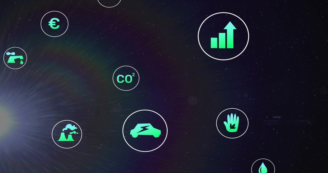 Floating green electric car icon glowing on cosmic gradient with sustainability symbols
