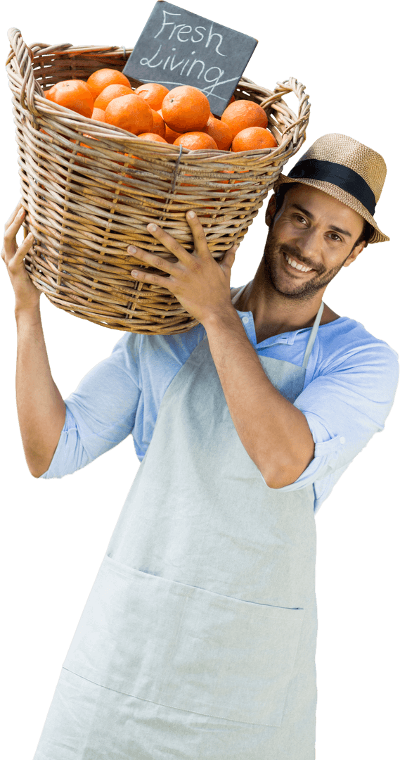 Smiling Vendor Carrying Orange Basket on Transparent Background