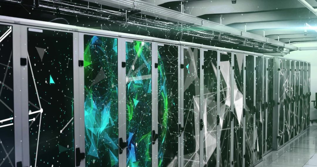 Futuristic Digital Interface with Globe and Shapes in Server Room