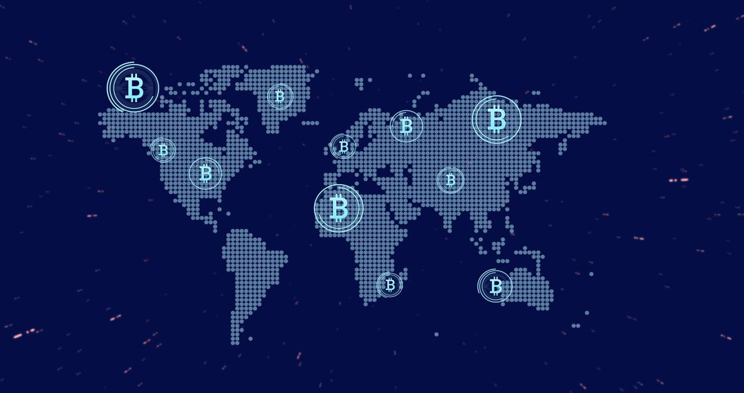 Global Bitcoin Transactions Over Digital World Map