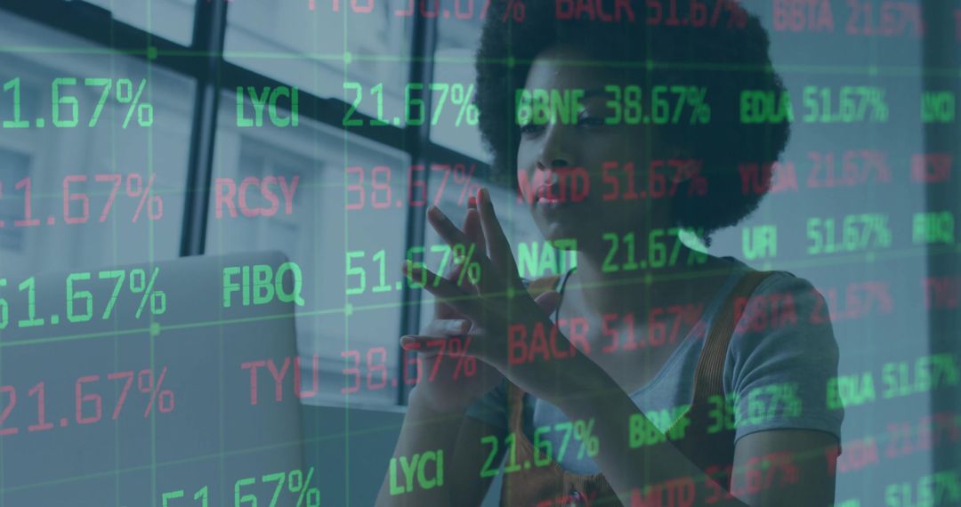 Modern Analyst Interacts with Virtual Stock Data on Digital Screen