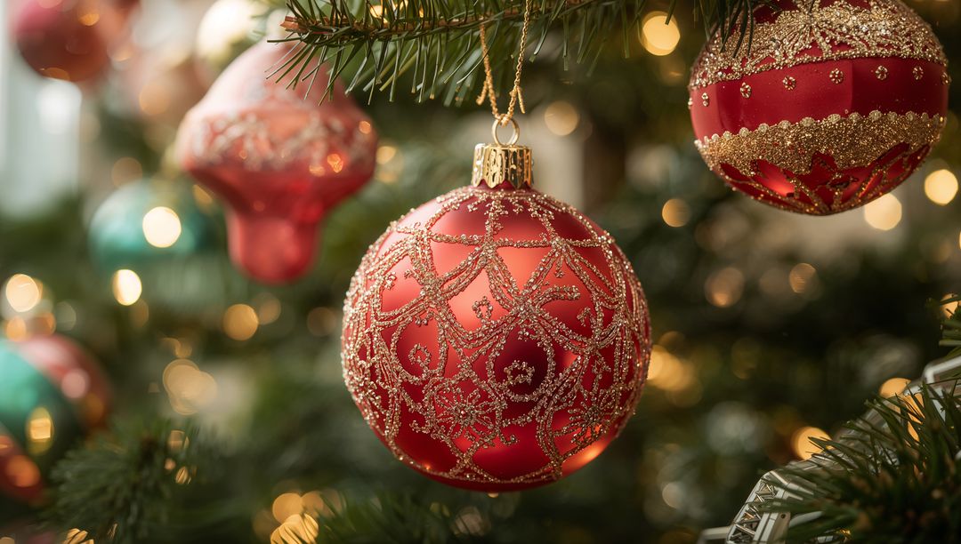 Hanging Ornate Red Christmas Bauble with Gold Glitter and Warm Bokeh on Pine Branches