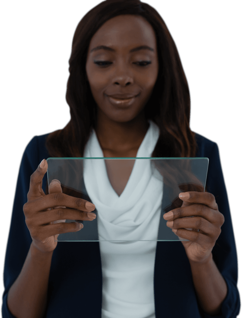 Businesswoman Engaging with Transparent Virtual Interface Screen