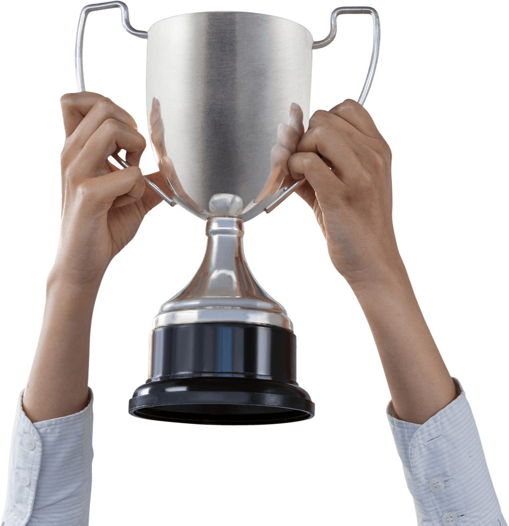Hands Raising Transparent Silver Trophy in Celebration