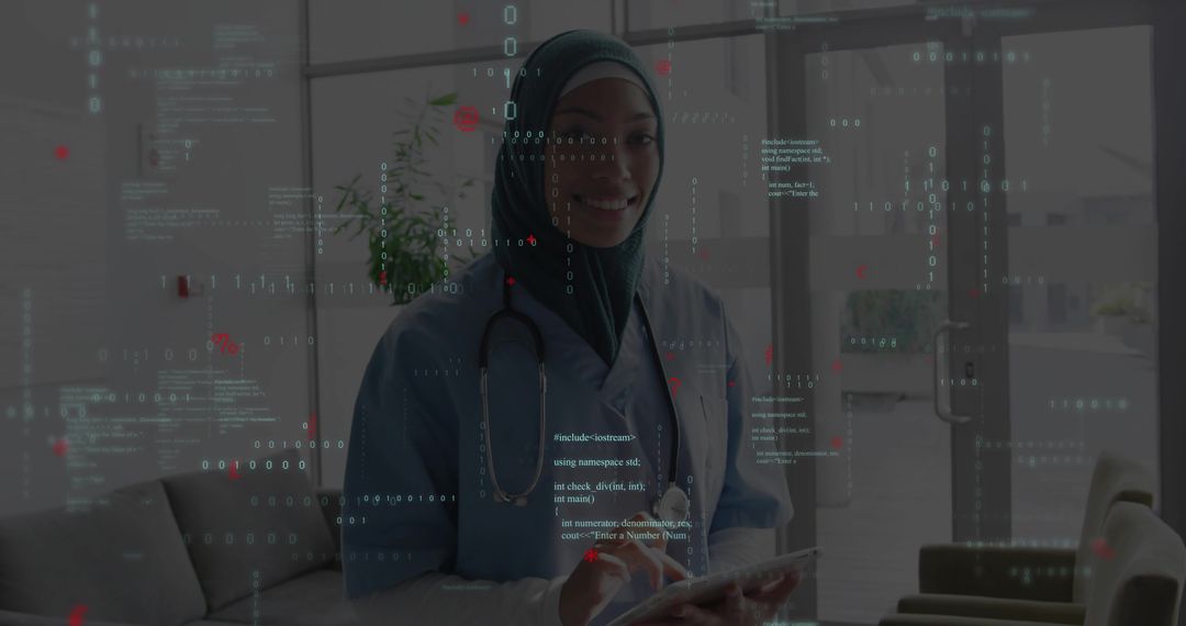 Nurse in Modern Clinic with Digital Interface Elements