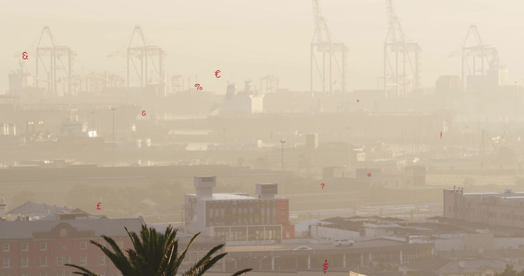 Hazy Harbor Skyline with Gantry Cranes, Rooftops and Palm Fronds in Soft Morning Light