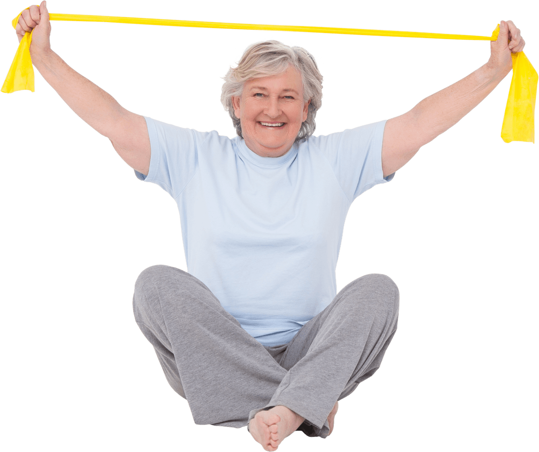 Elderly Woman Exercising with Resistance Band, Transparent Background