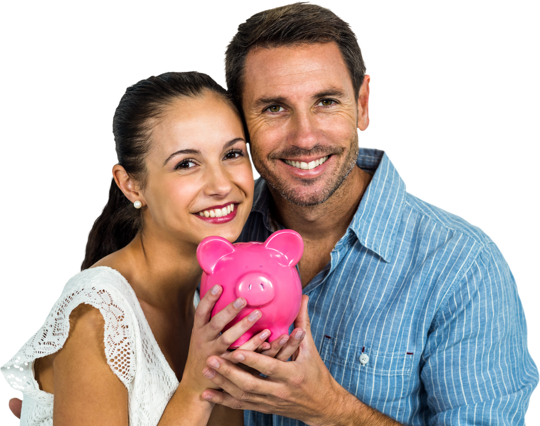 Smiling Couple Holding Pink Piggybank on Transparent Background - Download Free Stock Images Pikwizard.com