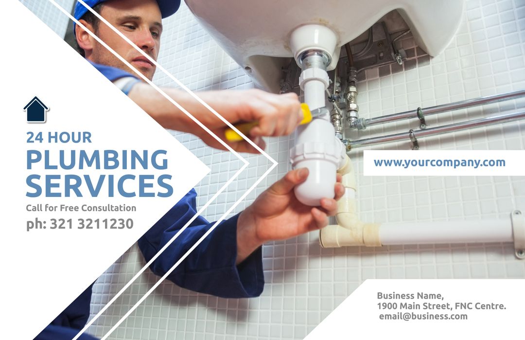 Professional Plumber Providing 24-Hour Plumbing Services with Customizable Text - Download Free Stock Templates Pikwizard.com