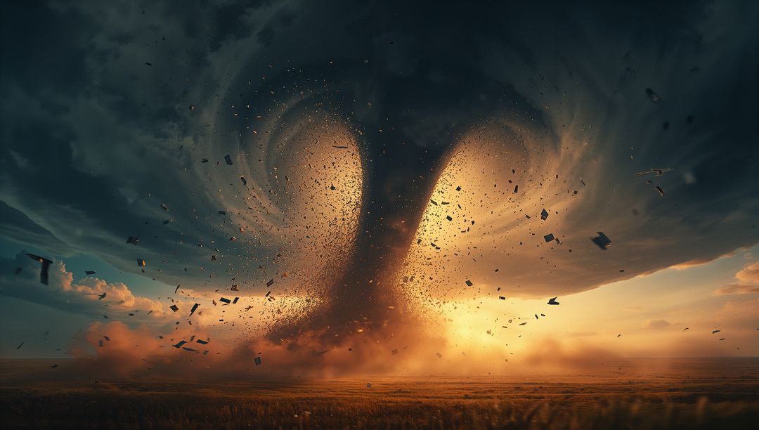 Swirling Dual Tornado Funnel with Dramatic Sunset Backdrop