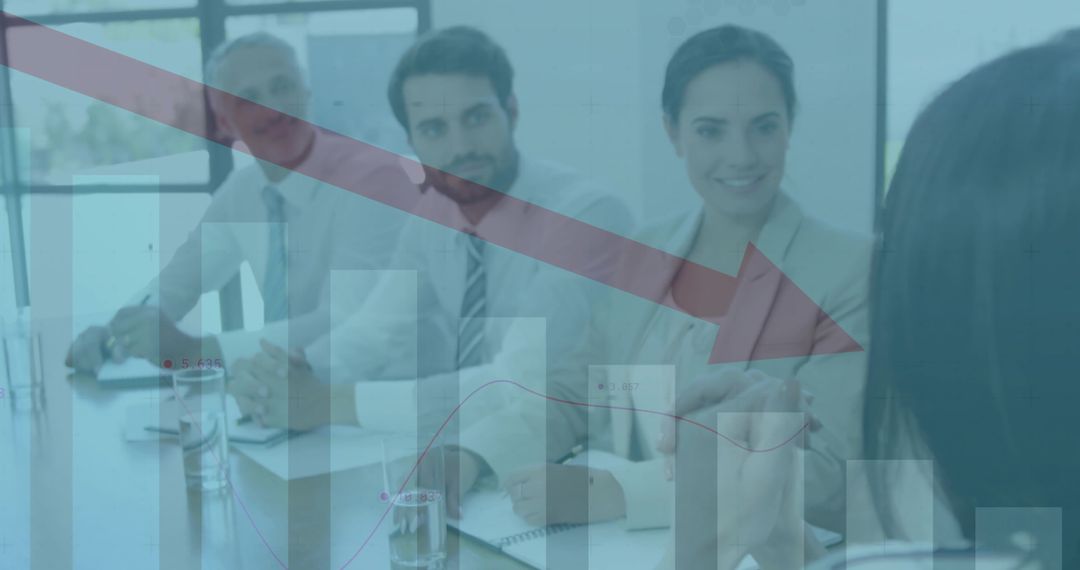 Business Meeting with Downward Trend Analytics Overlaid
