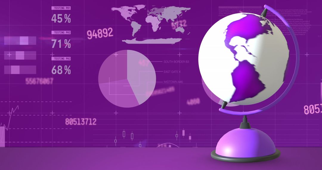 Digital Globe with Data Interface on Purple World Map Background