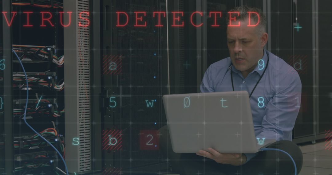 IT Specialist Analyzing Laptop Amid Server Malware Alert