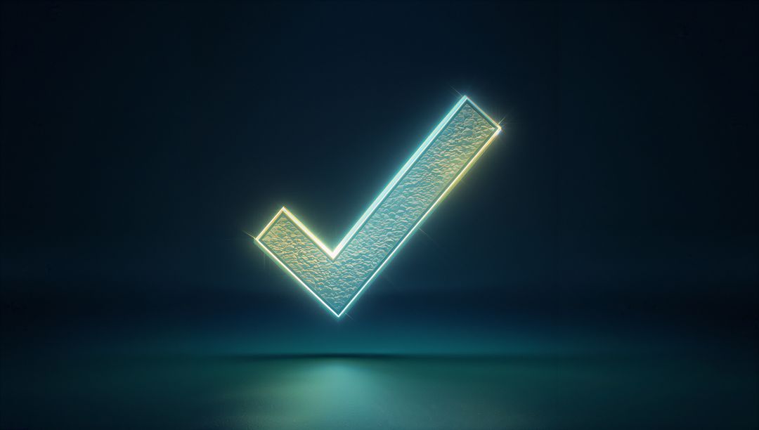 Glowing Neon Checkmark Icon Hovering in a Dark Futuristic Space