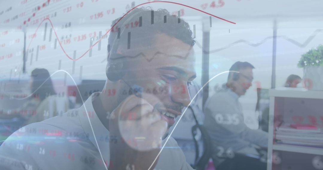 Business Professionals in Call Center with Digital Statistics Interface