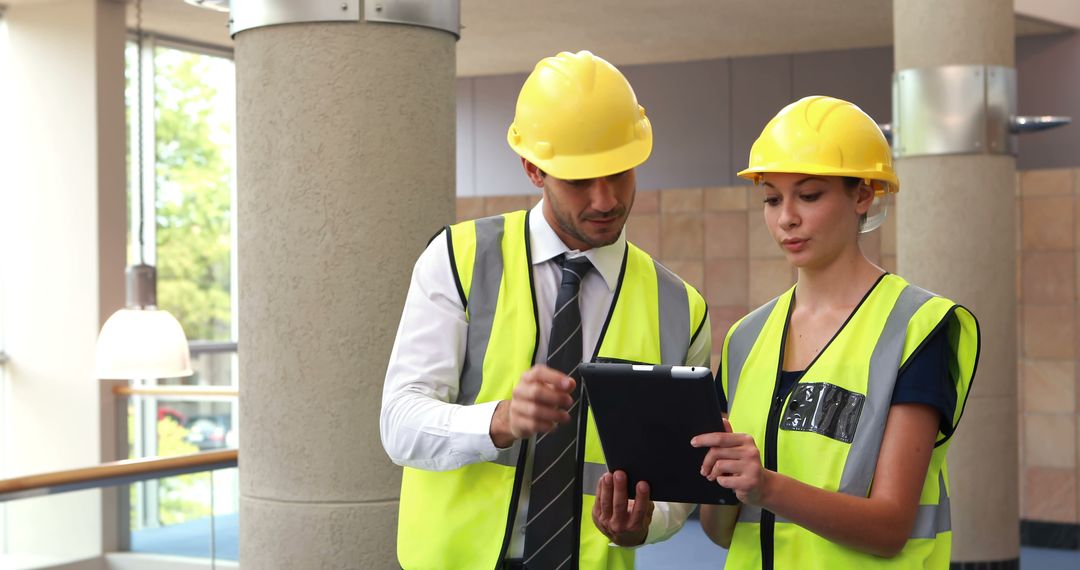 Engineers Discussing Construction Project with Tablet - Free Images, Stock Photos and Pictures on Pikwizard.com