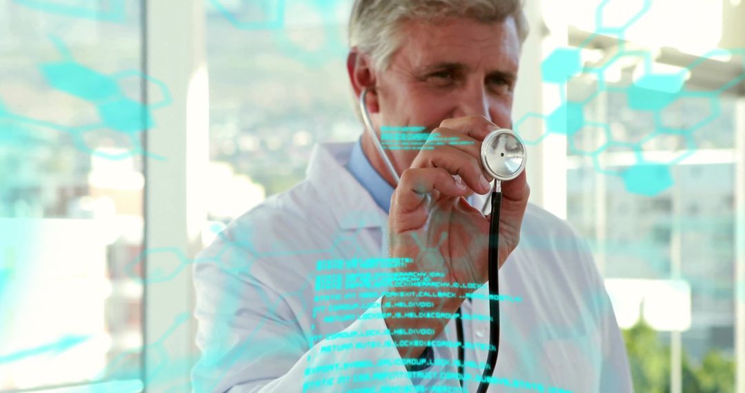 Senior Doctor Using Stethoscope with Digital Data Overlay