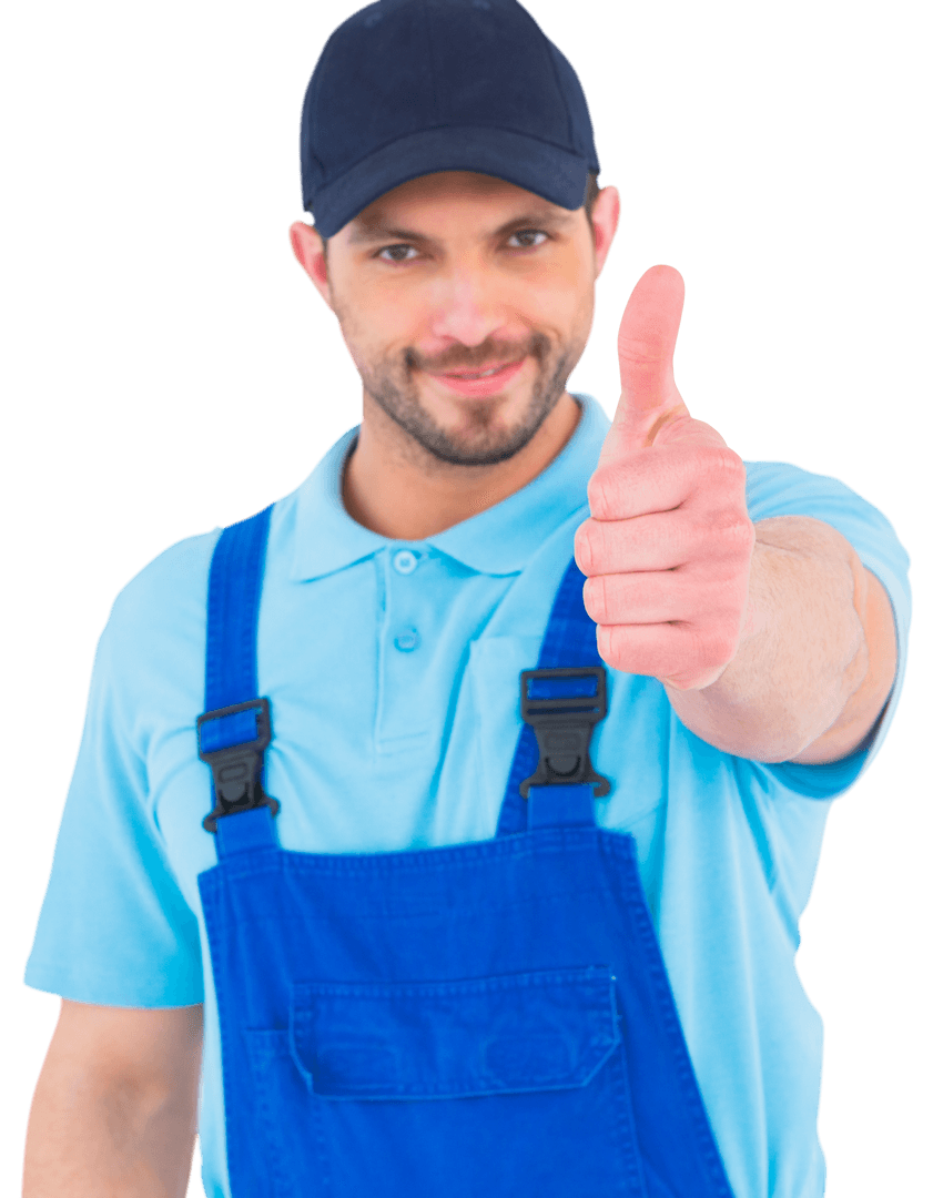 Repairman in Uniform Giving Thumbs Up Gesture on Transparent Background