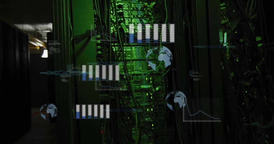 Digital Data Visualization Against Computer Servers in Dimly Lit Room