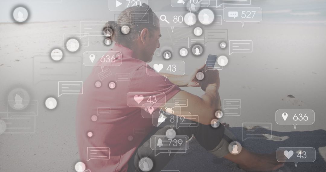Man Engaging with Smartphone Amid Virtual Social Media Connection