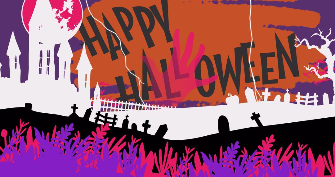 Haunted Graveyard with Happy Halloween Text and Lightning