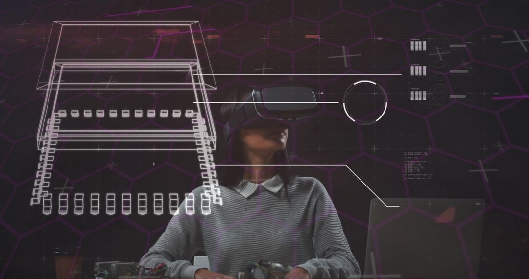Woman Experiencing Futuristic VR Interface with Digital Graphics