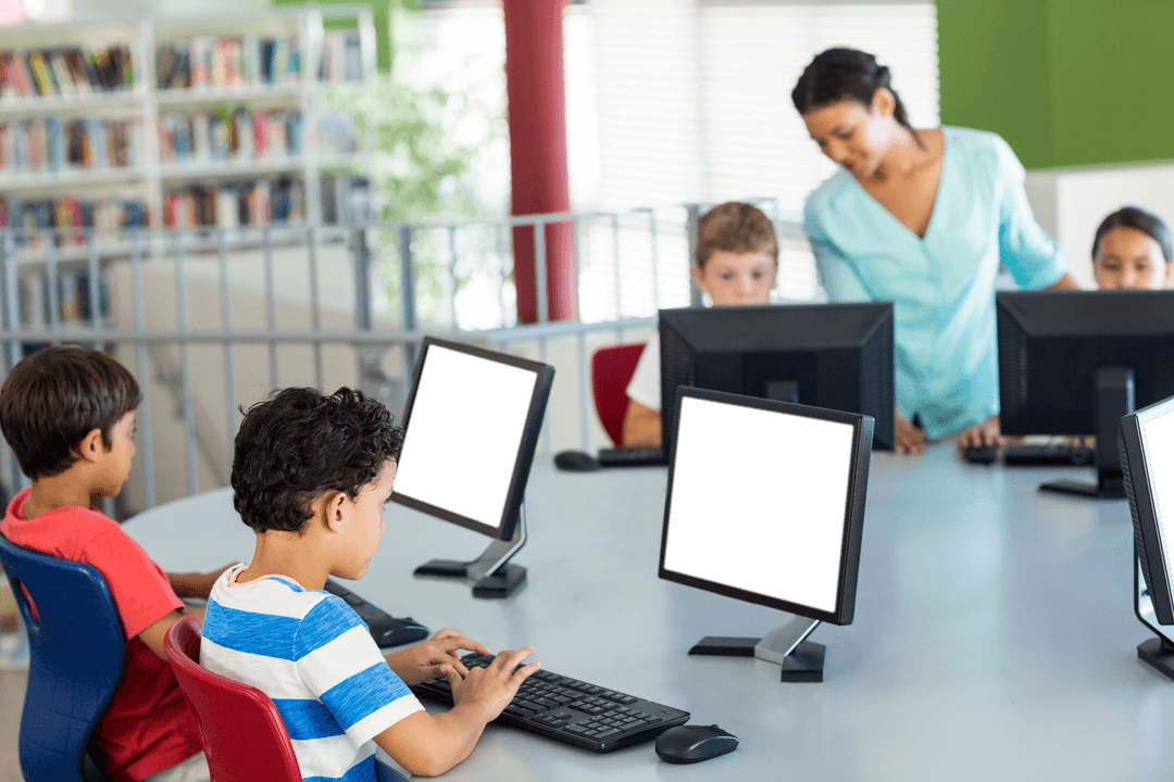 Transparent Screens in Classroom with Teacher Assisting Children