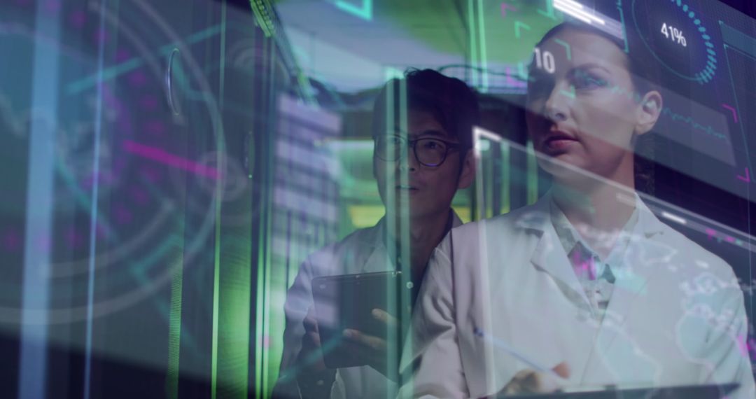 Technicians Analyzing Data in Futuristic Server Room with Digital Overlays