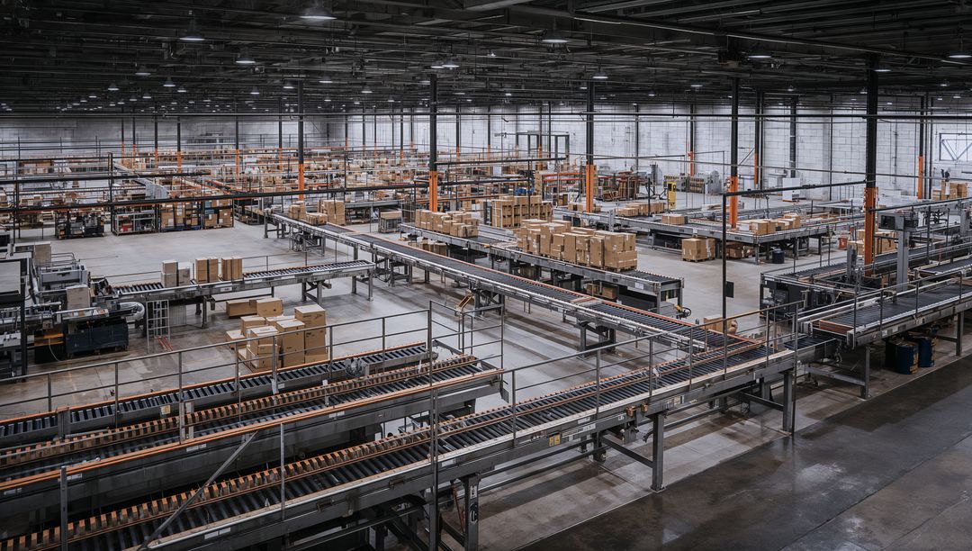 Operating Automated Conveyor Network Moving Cardboard Boxes and Pallets in Large Warehouse