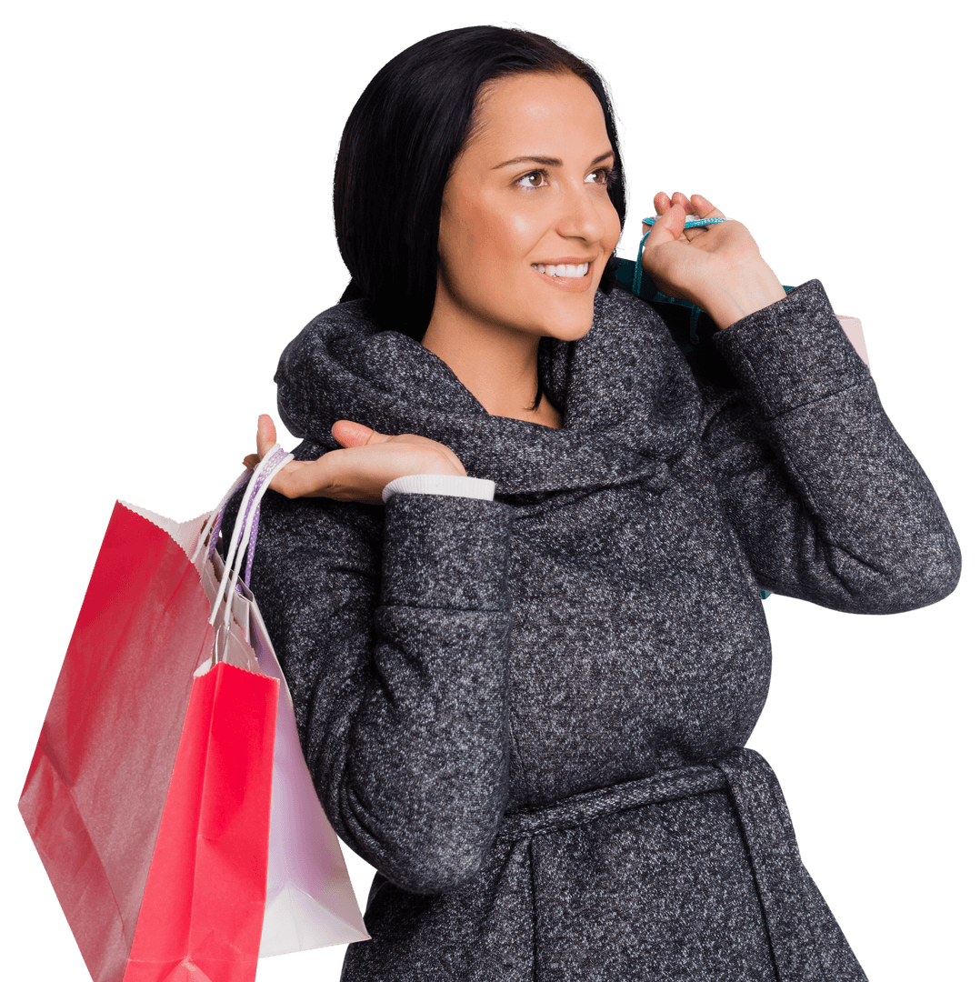 Woman Enjoying Shopping with Bags Against Transparent Background