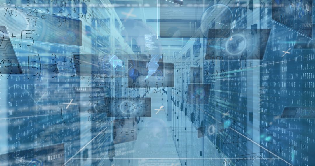 Mathematical Equations Overlaying Modern Server Room Technology