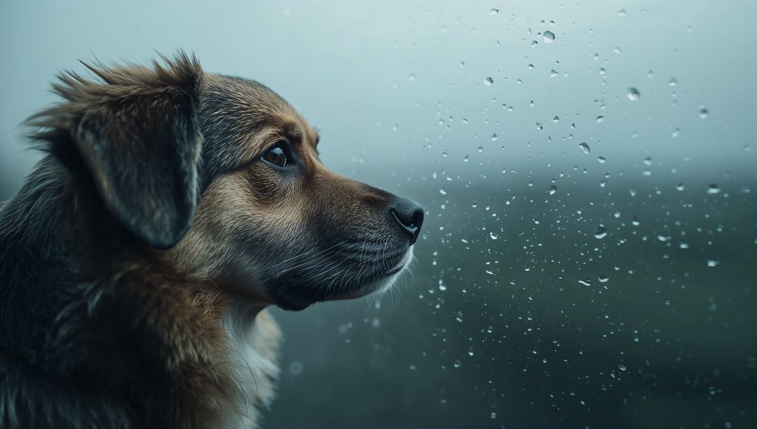 Gazing brown dog by rainy window with raindrops, moody contemplative pet portrait