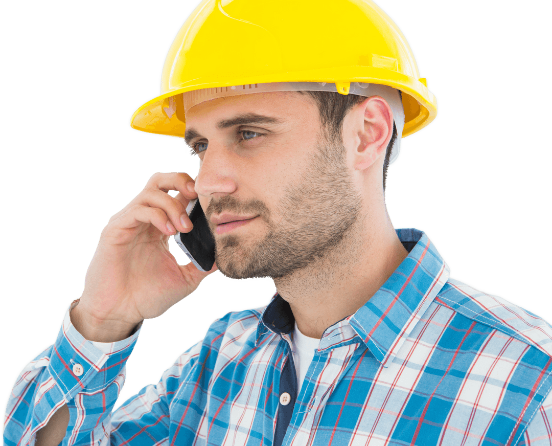 Construction Worker in Hard Hat Using Phone on Transparent Background
