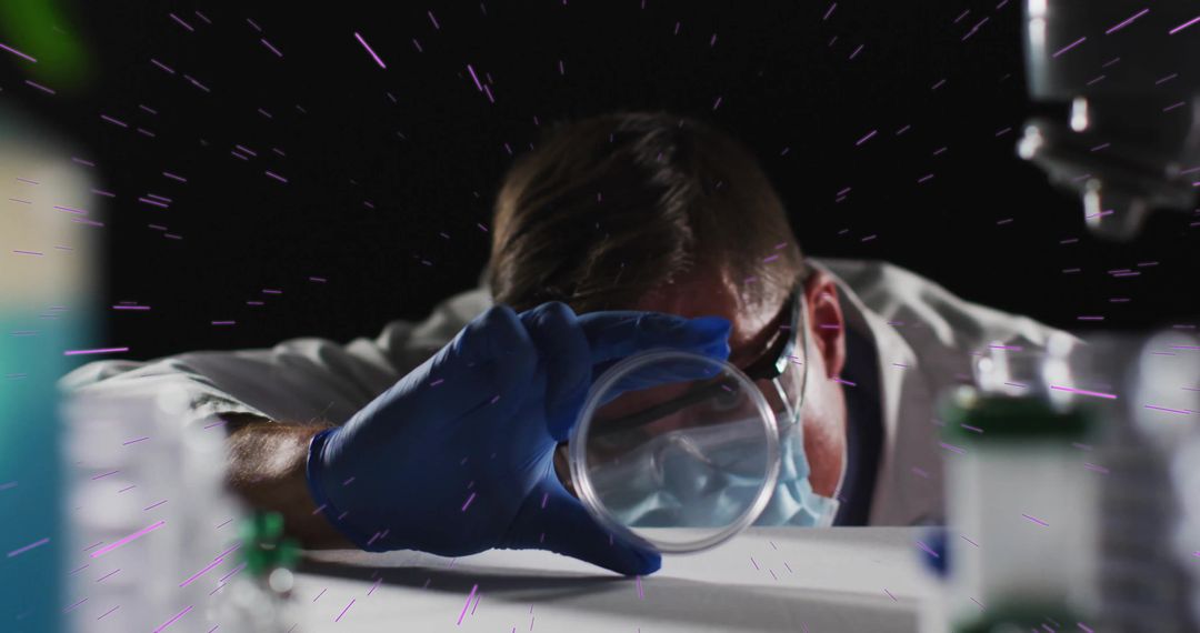 Focused Scientist Examining Petri Dish with Futuristic Background