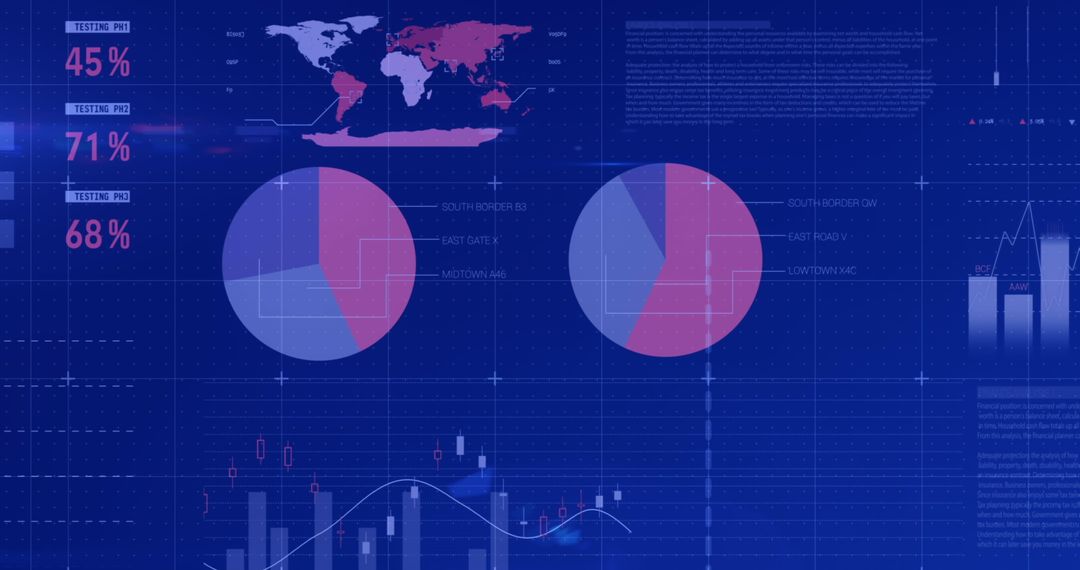 Futuristic Digital Interface with Global Charts and Data