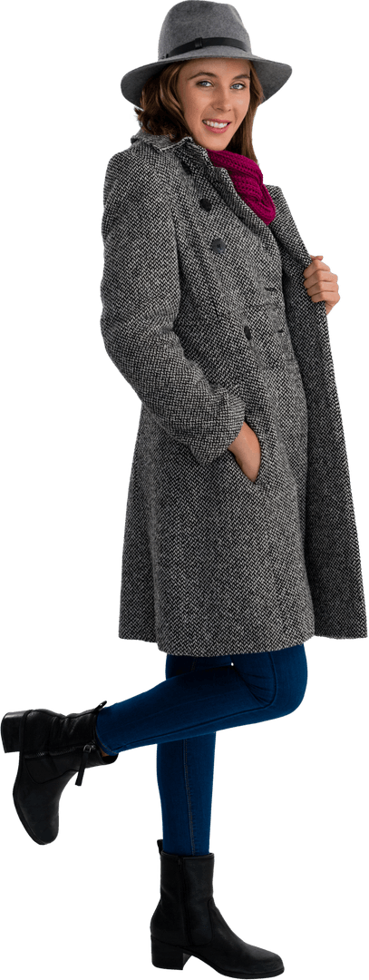 Smiling Woman in Stylish Coat and Hat on Transparent Background