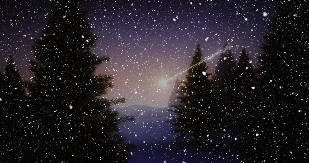 Snowy Winter Night with Falling Snowflakes and Pine Trees