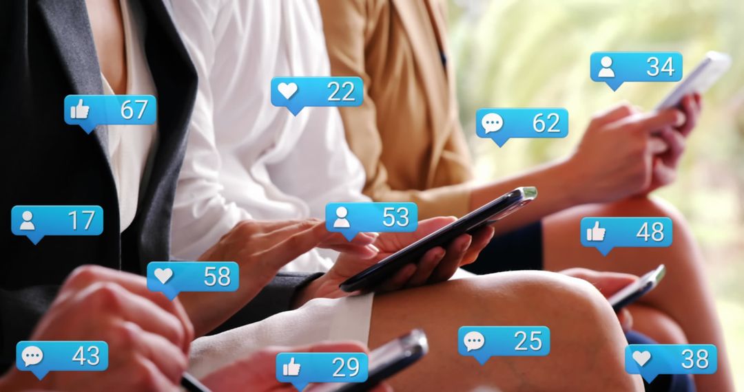 Diverse Team Engaged with Social Media on Devices with Notifications