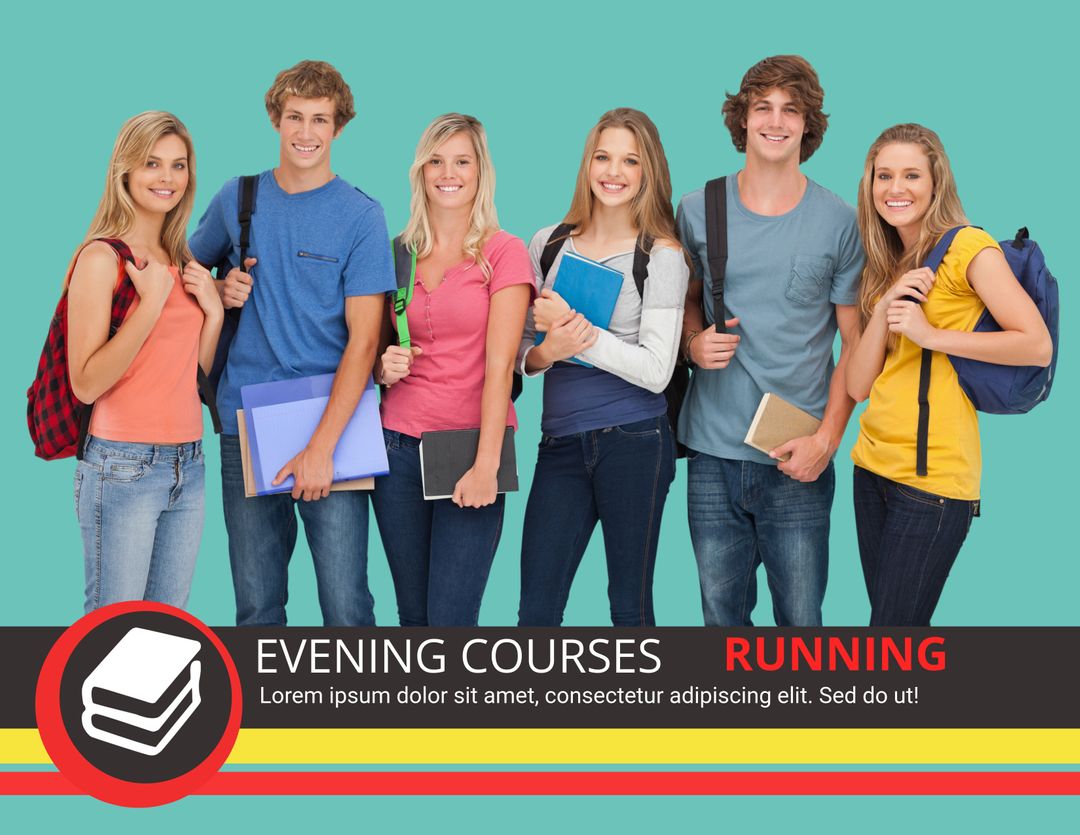 Diverse Students Holding Books Promoting Evening Courses