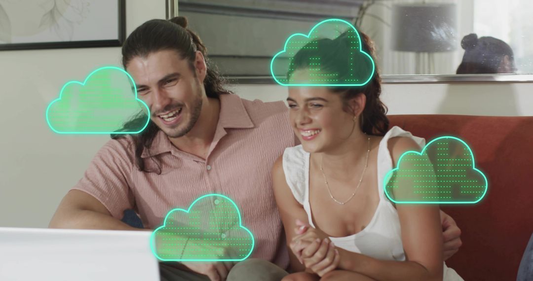 Smiling couple using laptop with neon cloud icons illustrating cloud backup and streaming