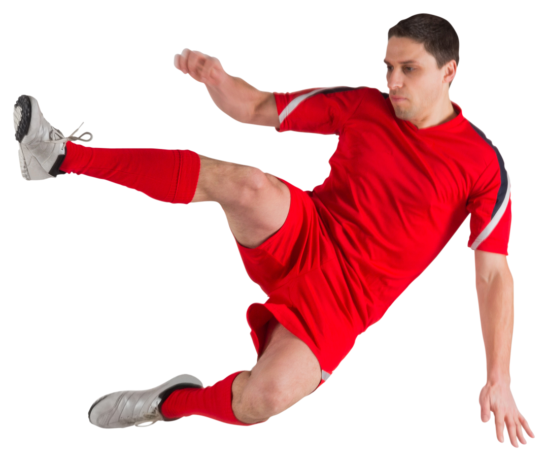 Transparent fit football player jumping and kicking in red uniform - Download Free Stock Images Pikwizard.com