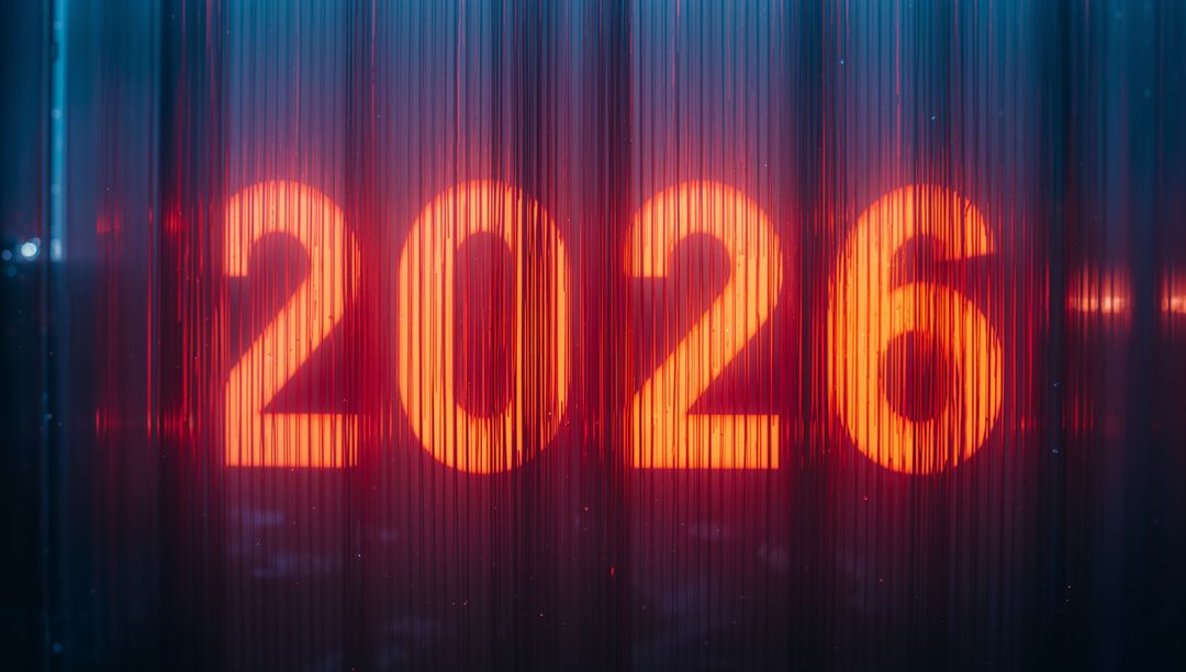 Neon 2026 Numerals Glowing Behind Ribbed Wet Panel Backlit Storefront Display