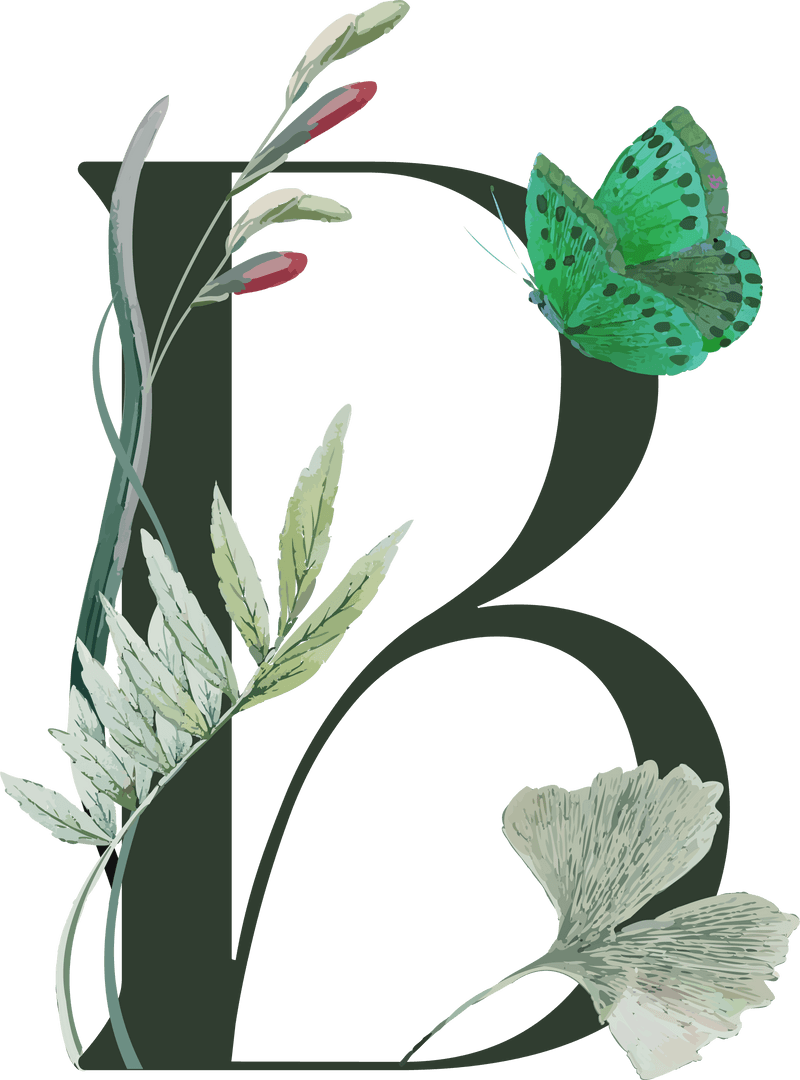 Elegant Ornamental Letter B with Foliage and Butterfly on Transparent Background